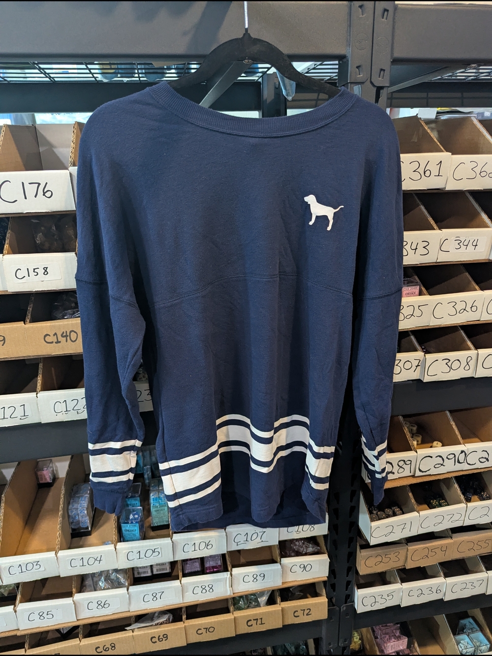 Victoria's Secret Navy Crewneck Sweater with White Stripes and Dog Logo